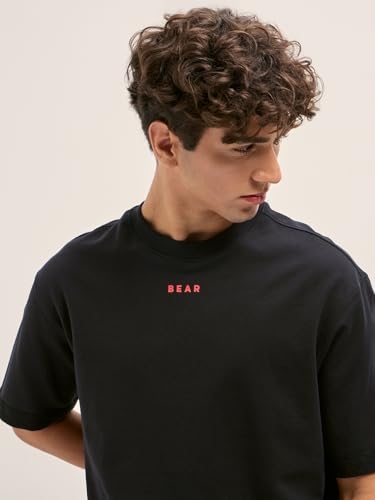 THE BEAR HOUSE Men's Cotton Printed Oversize Fit Black T-Shirt