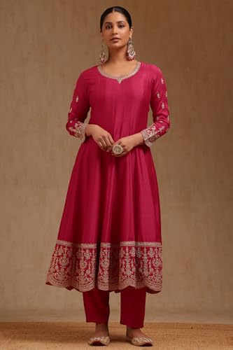 Soch Womens Fuchsia Dola Silk Embroidered Suit Set With Thread Work