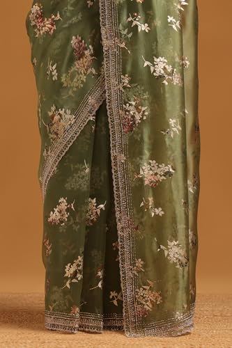 Soch Womens Green Organza Floral Saree With Stone Work