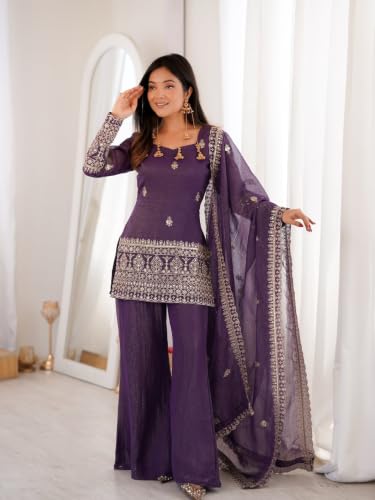 Women's Purple Crunchy Silk Embroidered Kurta With Sharara and Dupatta