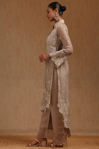 Soch Womens Silver Tissue Embroidered Co-Ord Set With Sequins