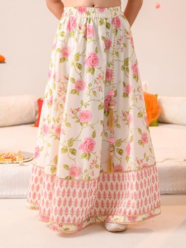 Pspeaches Girl's Cotton Readymade Lehenga Choli (L-Offwhitepinkbooti_Off White_10-12Y)