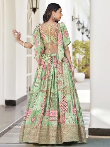 AG Clothing Women's Digital Print With Zari Dori Embroidery Work Chinnon Silk Lehenga Choli With Dupatta (ZC-Queen-7050-Green-Women-Lehenga-Choli-New; Free size)