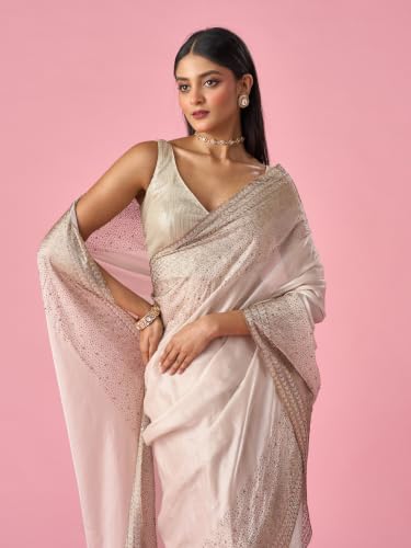 MOHEY Women's Cream Organza Saree with Stone Work with Blouse Piece (Cream)