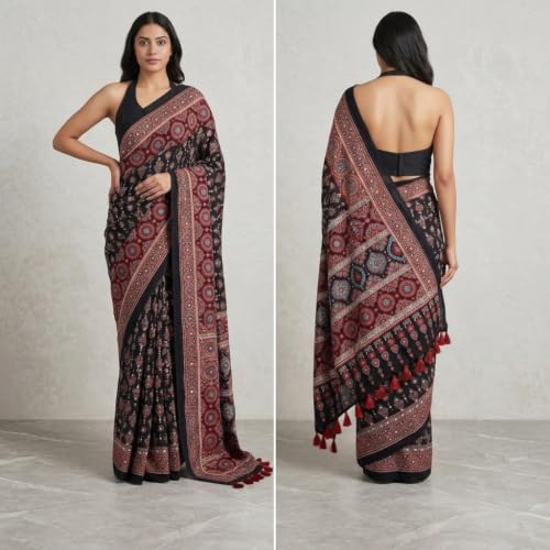 CREVEXA Gajji Silk Saree for Women with Mirror Work Border, Ajrakh Inspired Printed Designer Saree with Red Tassel Pallu and Unstitched Blouse Piece for Party Festive Wedding Ethnic Saree