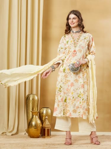 Divena Cream Cotton Floral Kurta Sets With Dupatta