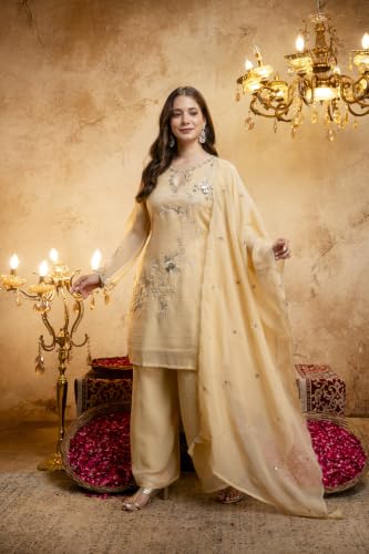 Women's Embroidered Silk Blend Kurta Set With Dupatta And Palazzo