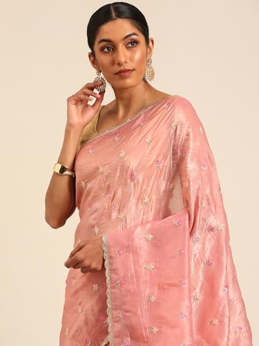 Panzora Women's Pink Tissue Gold Crush Embroiderd Saree With Unstitched Blouse Piece