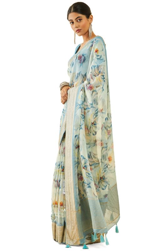 Soch Womens Turquoise Blue Organza Floral Print Saree with Woven Borders