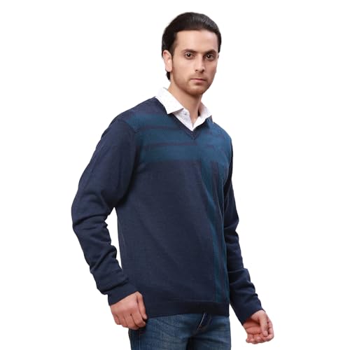 Park Avenue Men's Regular Fit Acrylic Wool Blend Full Sleeve V Neck Checks Pattern Dark Blue Casual Sweater (Size: XS)-PCWA00267-B8