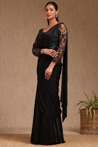 Soch Womens Black Nylon Blend Solid Ready To Wear Saree With Sequins