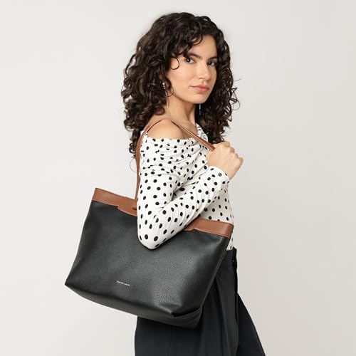 Fastrack Twilight Tan Laptop Tote Bag | Black on Tan Faux Leather Work Tote with 14 Inch Laptop Sleeve | Zip Closure with Organizer Pocket & Dual Handles