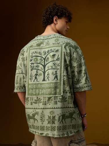 The Souled Store Nomad: Indus Green Men and Boys Short Sleeves Round Neck Sage Green Embroidered Tribal Graphic Casual Drop Shoulder Streetwear Trendy Super Oversized T-Shirt