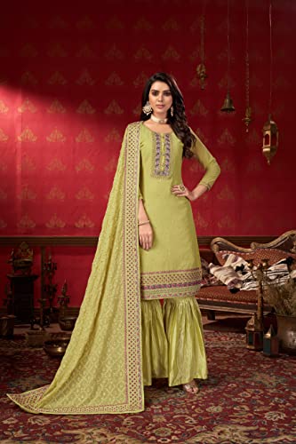 VARNI FABRICS: A lady's First Love Georgette Designer Sharara Suit Set, Light Green with Embroidered Yoke, santoon Palazzo and Dupatta with Sequin Border(Zeeya-Erina-1402)