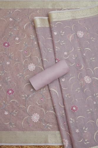 Soch Womens Onion Pink Kota Embroidered Unstitched Dress Material With Thread Work