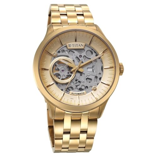 Titan Metal Mechanicals Automatic Gold Dial Gold Titanium Strap Watch for Men - NT90140YM01