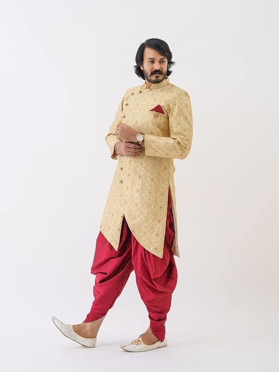 Amzira Brand Boy Mens Sherwani Style Indo Western Dhoti Dress Set (Medium)