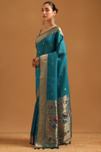 Soch Womens Teal Tussar Brocade Zari Woven Saree