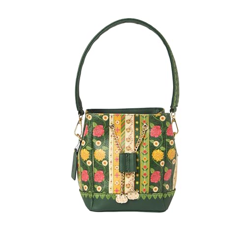 Chumbak Olive Crossbody Sling Bag for Women, Drawstring Closure, Palace Memoirs Collection, Stylish Designer Handbag Purse Wallet Sling Tote, Everyday Casual Ethnic Travel Office Use