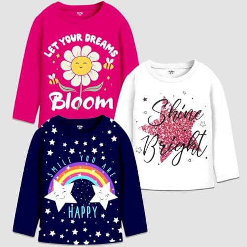 Berry Joy Kids Girls Full Sleeves Regular Fit Cotton T-Shirt - Pack of 3 | Full Sleeves Tshirt for Girls Multicolour
