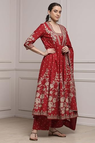 Biba Women Red Cotton Anarkali Printed Suit Set_34