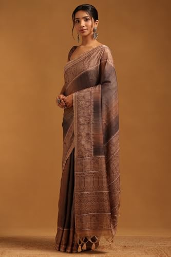 Soch Womens Earth Tussar Ethnic Motifs Saree With Kantha Embroidery