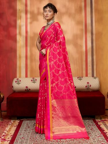 AKHILAM Women's Pink Pure Silk Ethnic Motif Printed Saree With Unstitched Blouse Piece (COLOURS005_RJ)