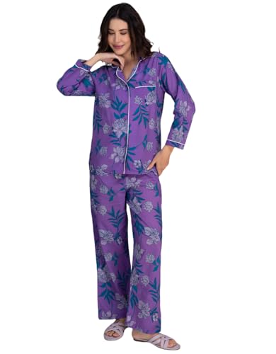 Moomaya Women's Cotton Printed Nightwear Set - Notch Lapel Shirt & Pajama Lounge Suit