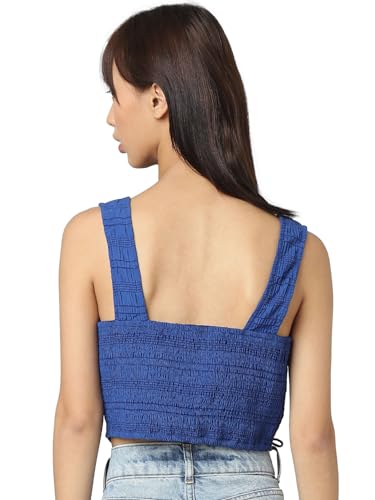 ONLY Women Self-Design Polyester Blend Blue Crop Top