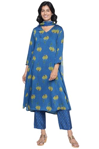 W for Woman Tropical Blue Printed Crepe Flared Kurta, Straight Pant and Dupatta Set (Size: 3XL)-WS12920-125885
