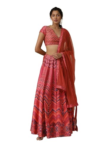 Aarke Ritu Kumar Pink Chevron Printed Lehenga With Blouse And Dupatta