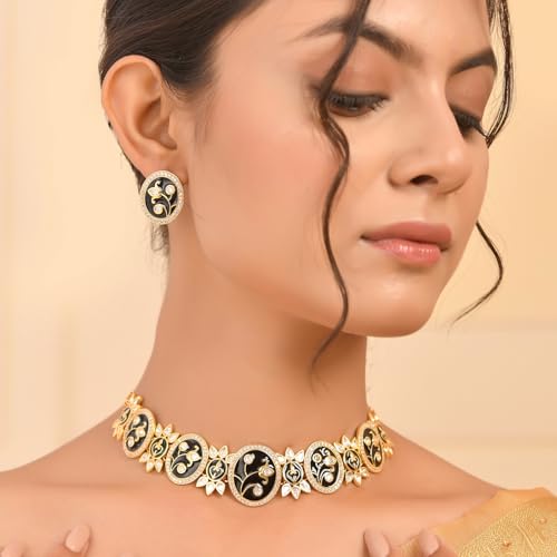 VOYLLA Pashmina Nyasia Choker Set, Women's Wedding & Party Jewelry Set, Enameled & Kundan Necklace Set