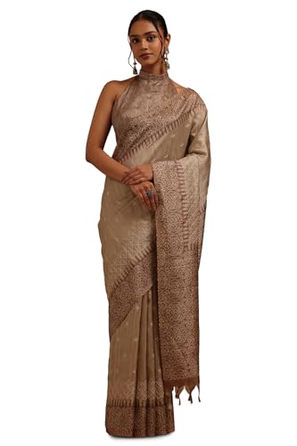 Soch Womens Brown Tussar Embroidered Saree With Thread Work