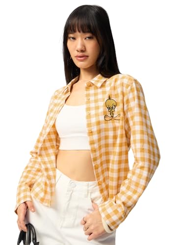 The Souled Store Looney Tunes: Tweety Women and Girls Full Sleeves Collared Yellow Checkered Cotton Linen Blend Regular Fit Lightweight Pop-Culture Embroidered Shirt for Casual Wear