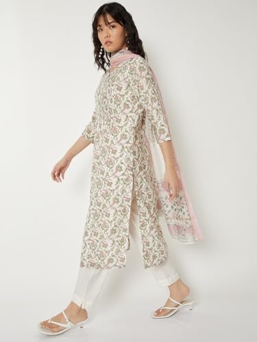 Max Women Floral Print Straight Kurta Set(White_S)