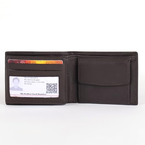 KARA Brown Men's Genuine Leather Wallet – Bifold, 2 Cash Compartments, Coin Pocket, 10+ Card Slots, Hidden & Transparent Flip Sections