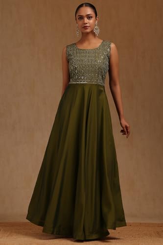 Soch Womens Olive Silk Embroidered Gown with Cutdana