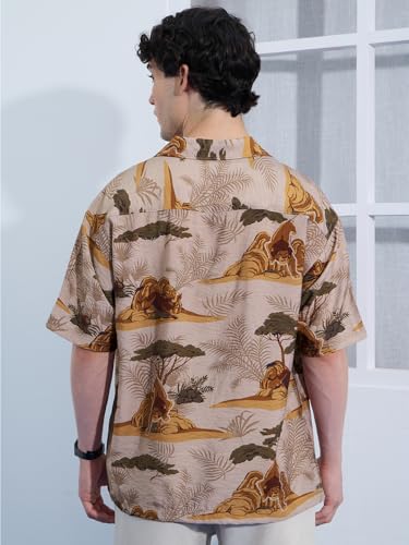The Souled Store The Lion King: Kingdom Men and Boys Short Sleeves Collared Neck Button Front Brown All Over Printed Viscose Blend Regular Fit Holiday Shirts