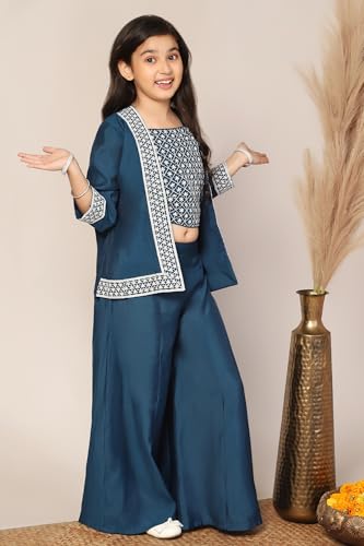 Jwalin Girls Silk Blend Embroidered Salwar Suit Set|Ethnic Set for Girls (JWGSET00236 BLU 24_Blue_5-6 Years)