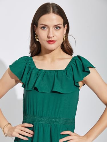 Latin Quarters Women Green Square Neck Cap Sleeves Solid Below Knee A-Line Dress for Casual Wear_M
