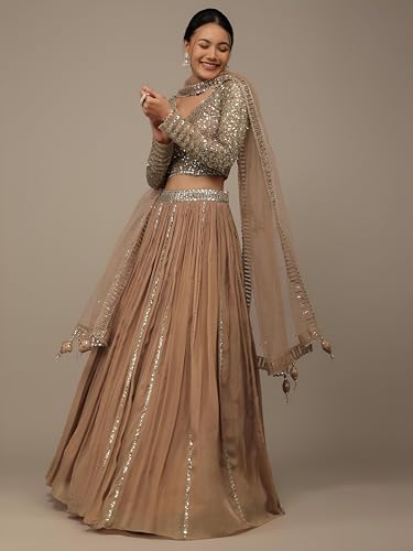 Zeel Clothing Women's Sequins Zari Embroidered Georgette Lehenga Choli With Dupatta (7090-Women-Lehenga-Choli-Latest; Free size) (Beige)