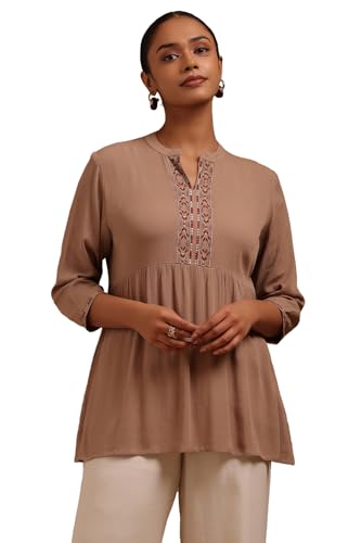 Soch Womens Beige Rayon Crepe Embroidered Tunic Thread Work