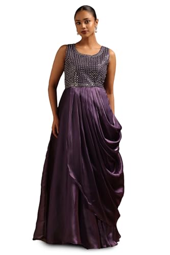 Soch Womens Purple Tissue Embellished Gown with Mirror Work