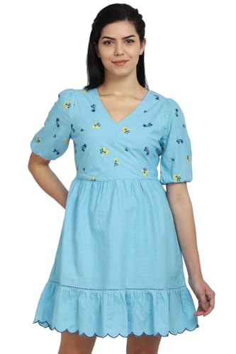 Allen Solly Women's Cotton Asymmetrical Mid-Thigh Length Dress (AHDRCRGBG05210_Blue