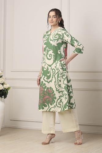 Biba Women Green Cotton Straight Suit Set_32