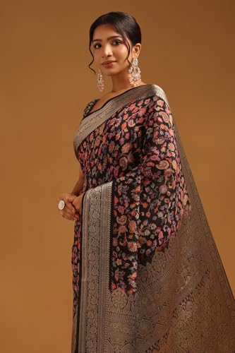 Soch Womens Black Silk Blend Botanical Saree