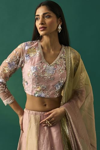 Wishful Women's Pink Floral Embroidered Blouse with Skirt and Dupatta Set - (SP11500-401087-S)