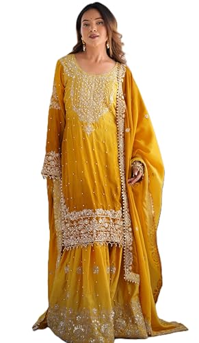LEELI PEERI DESIGNER Women's Chinon Silk Mustard Embroidery Kurta Sharara Set With Dupatta(45PDM6-XL)