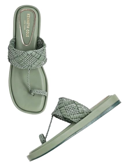 KENNETH COLE Women's One Toe Flat Sandal | Synthetic | Woven Strap, Cushioned Footbed | Green, UK8