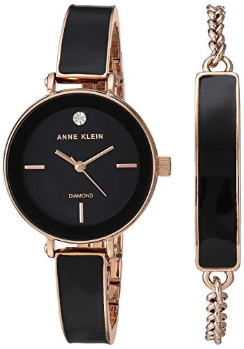 Anne Klein Women's Genuine Diamond Dial Rose Gold-Tone with Bracelet Set, Rose Gold/Black